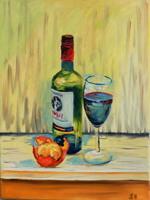 Red wine, tangerine and wine glass. by Vita Schagen