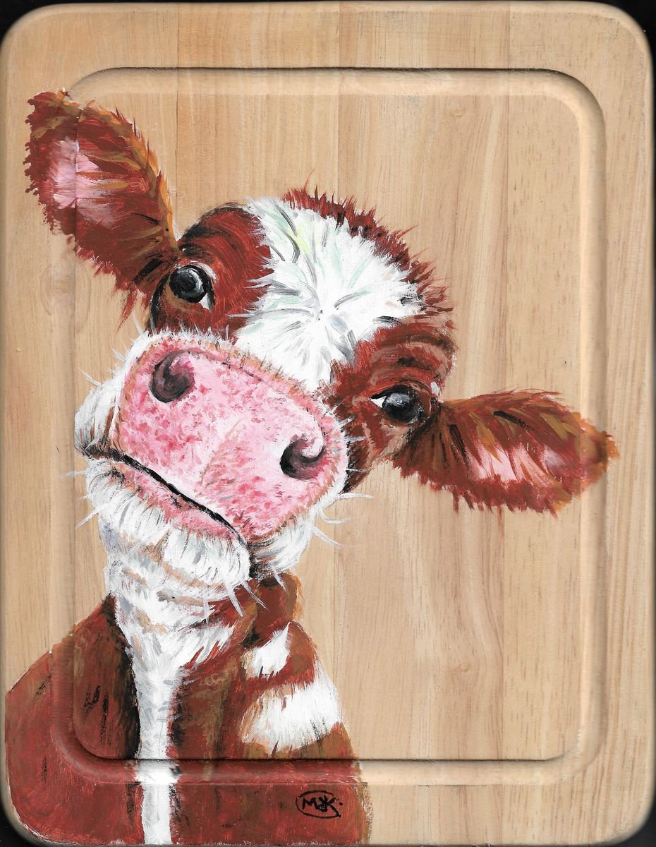 Expressive Animal Acrylic Painting By Marjansart, 8 X 10", Cow On Wood, Original Artwork