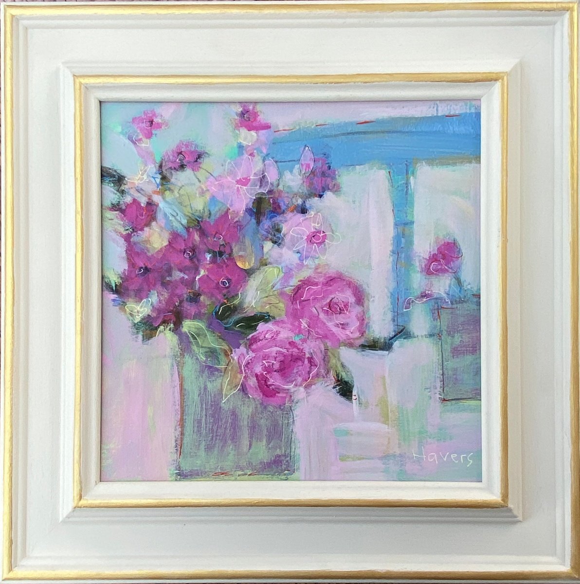 Impressionistic Botanical Acrylic Painting By Chrissie Havers, 15 X 15, Sky Blue Pink, Original Artwork
