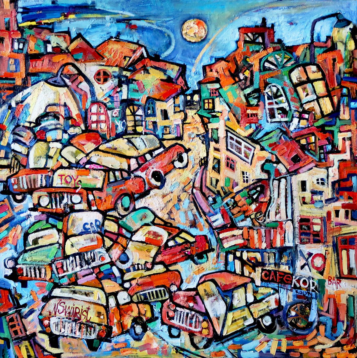 Impressionistic Cityscapes Oil Painting By Nikifor Swiristuhin, 28 X 28", Night Racing With Toy Cars., Original Artwork