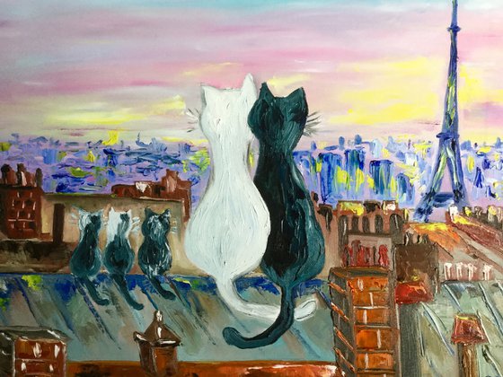 Cats in Paris. Travel to Paris, Parisian roofs , romantic nights, spring time, morning , sunrise