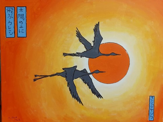 cranes flying over the sun