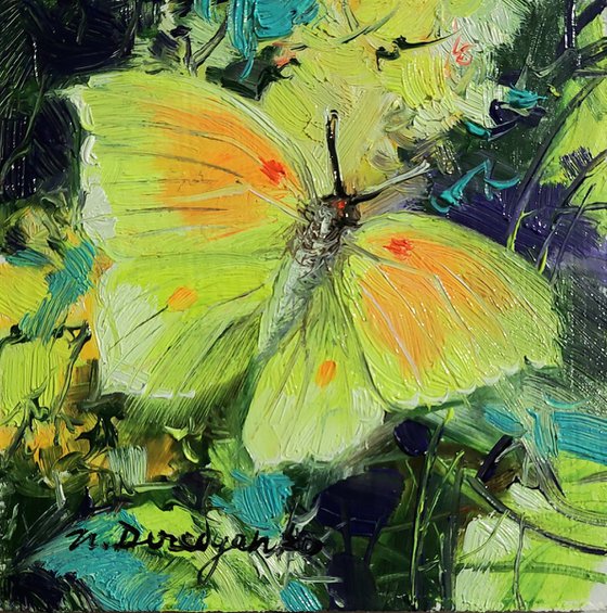 Butterfly oil painting original small art gold frame, Brimstone butterfly yellow painting green background Gifts for women