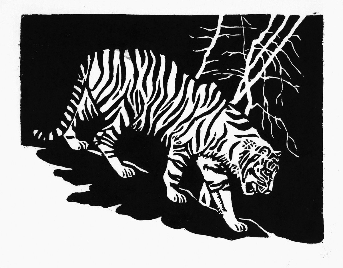 Illustrative Animal Linocut By Kateryna Bortsova, 14 X 11", Tiger, Original Artwork