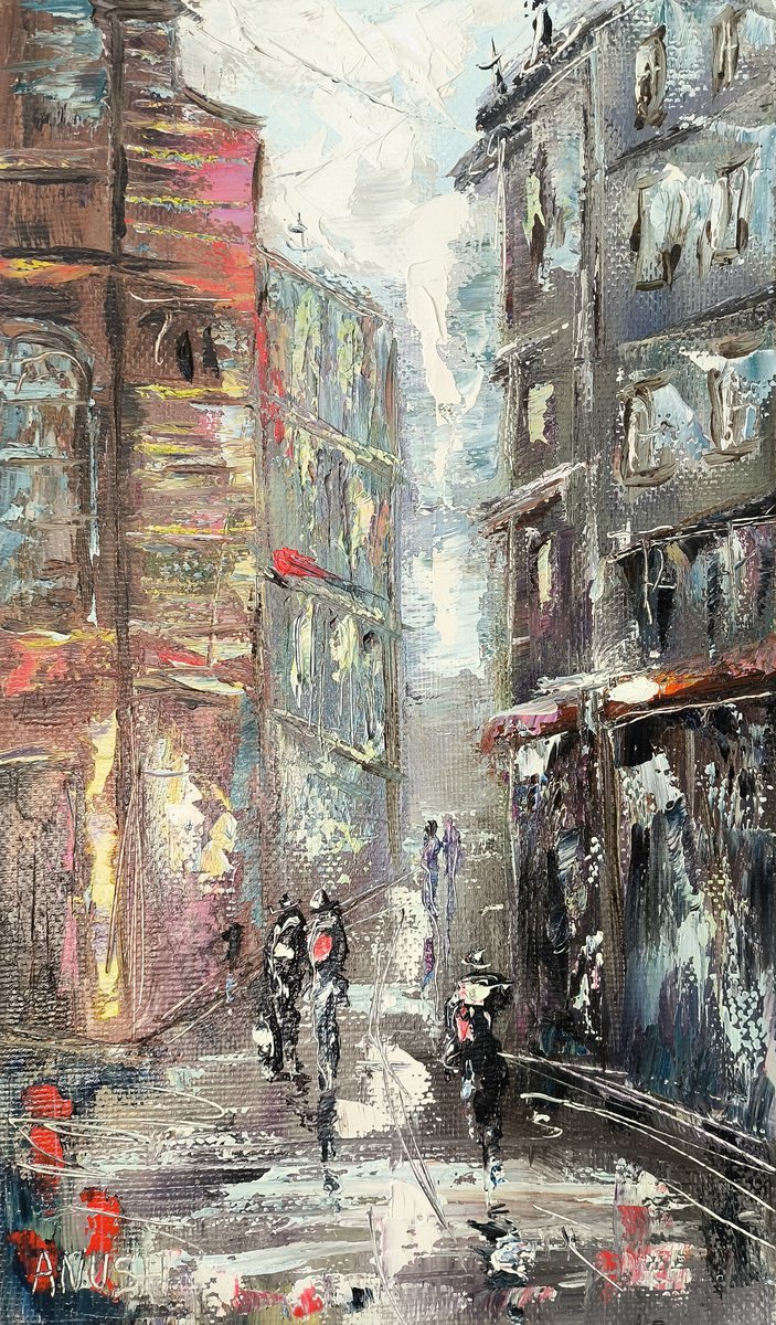 Impressionistic Cityscapes Oil Painting By Anush Emiryan, 12 X 20, Drizzle And Shadows, Original Artwork