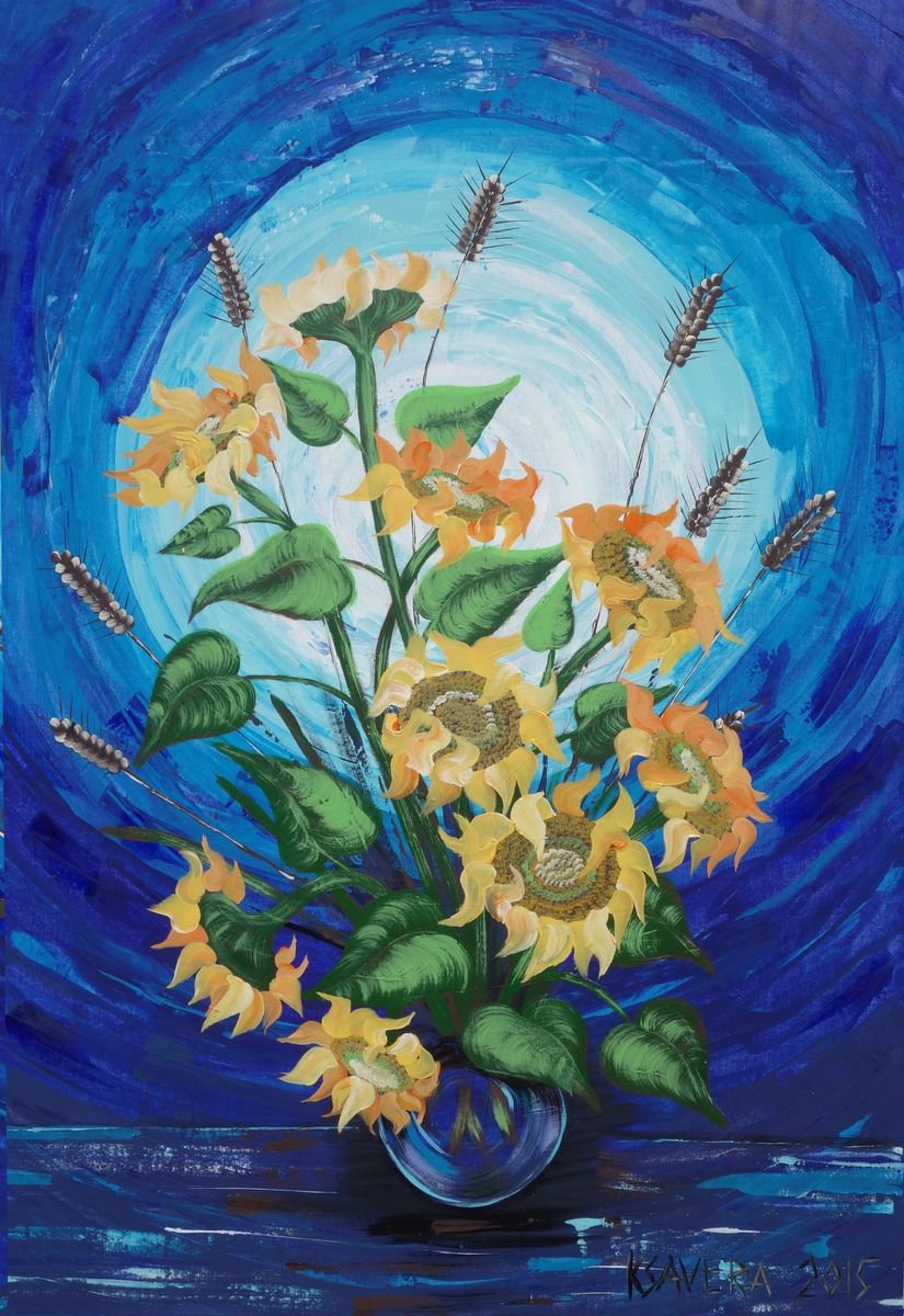 Sunflowers Blue Large Still Life B047 expressionist acrylic painting 110x160 cm unstretche... by Ksavera