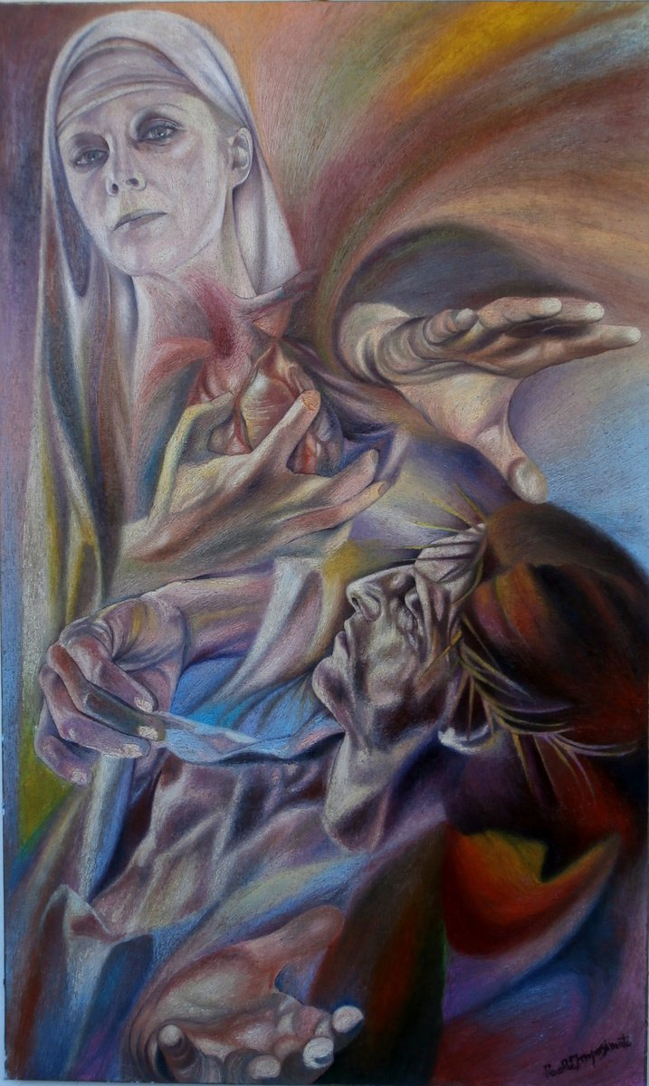 Expressive Portrait Oil Painting By Paola Imposimato, 24 X 39", The Exchange Of Hearts, Original Artwork
