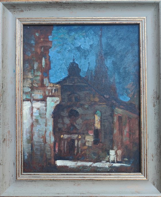 Original Oil Painting Wall Art Signed unframed Hand Made Jixiang Dong Canvas 25cm × 20cm Cityscape Night in Tubingen Germany Small Impressionism Impasto