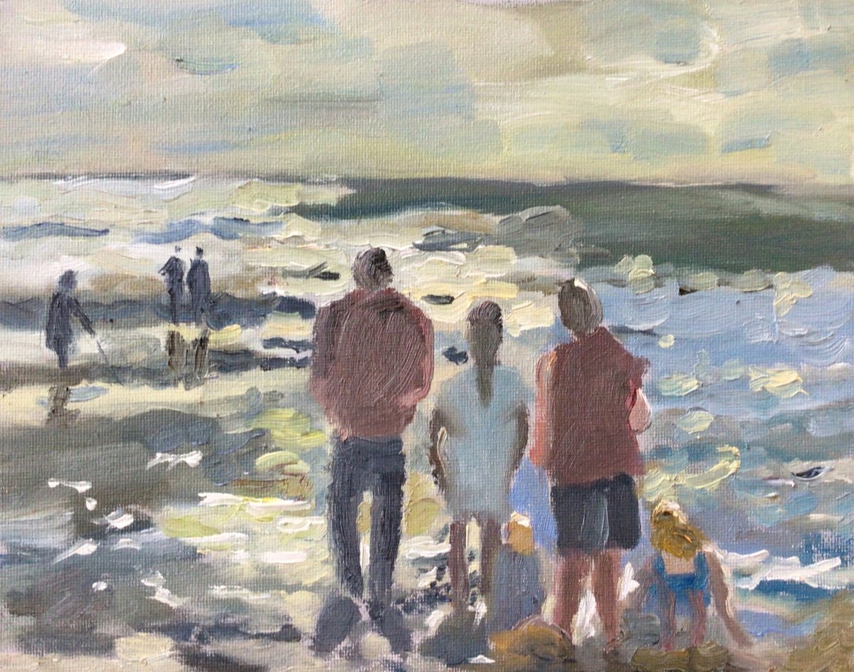 Impressionistic Landscape Oil Painting By Julian Lovegrove Art, 10 X 8", Family At The Seaside, Original Artwork