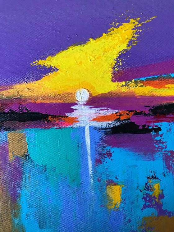 Purple Abstract Landscape !! Moon Reflections !! Ready to hang !! Textured color !! Palette knife art