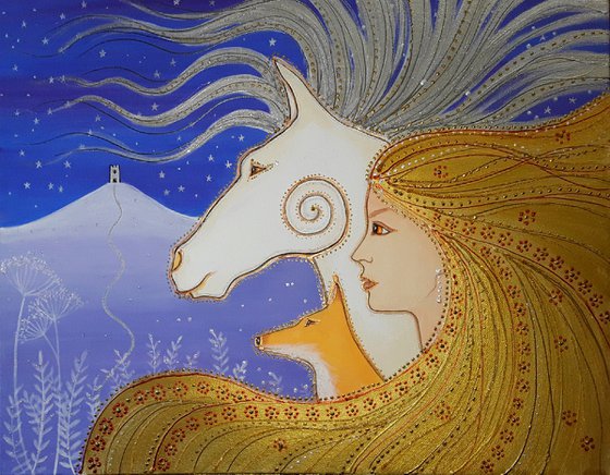 A Dream of Avalon - Mystical Art - Glastonbury Tor - Goddess Art - White Stallion - Avalon