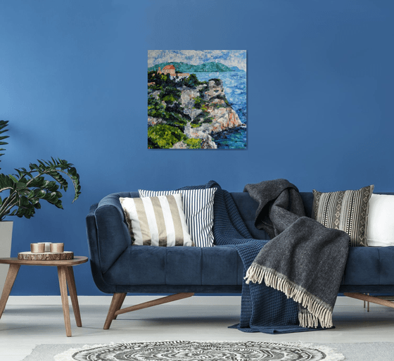 Greece island seascape large oil painting on canvas, monastery on mountain, coastal home decor