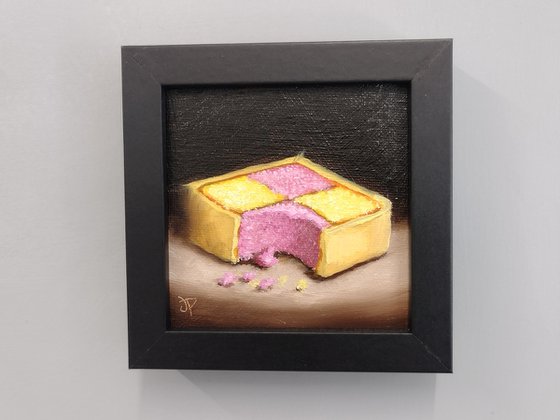 Little Battenberg cake slice still life