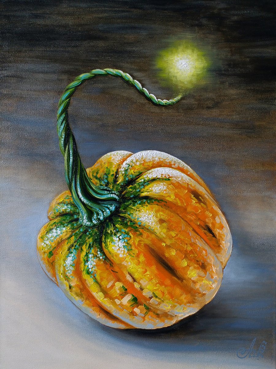 Surrealistic Botanical Oil Painting By Anna Shabalova, 12 X 16, Pumpkin Fire Bomb, Original Artwork