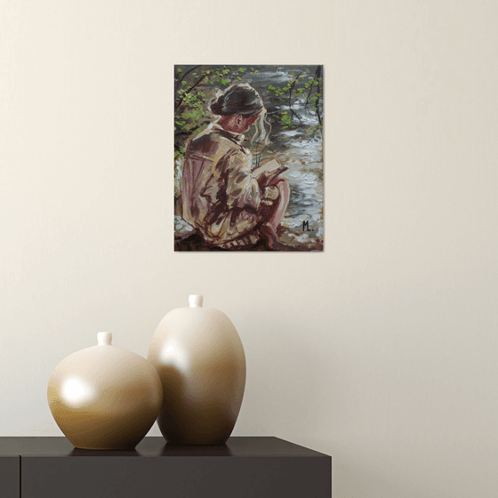 " WAITING FOR SPRING WITH BOOK ON LAKE "