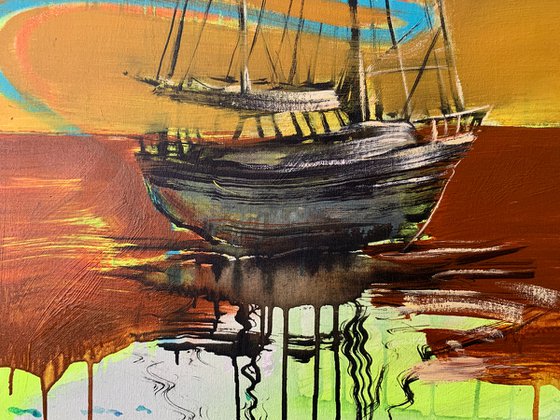 Big Vertical painting - "Orange sunset" - Boat - Sailboat - Seascape - Ocean - Sunset