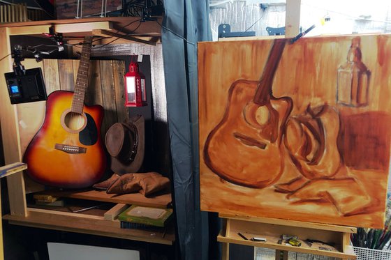 Western Style, Guitar, boots, hat - still life