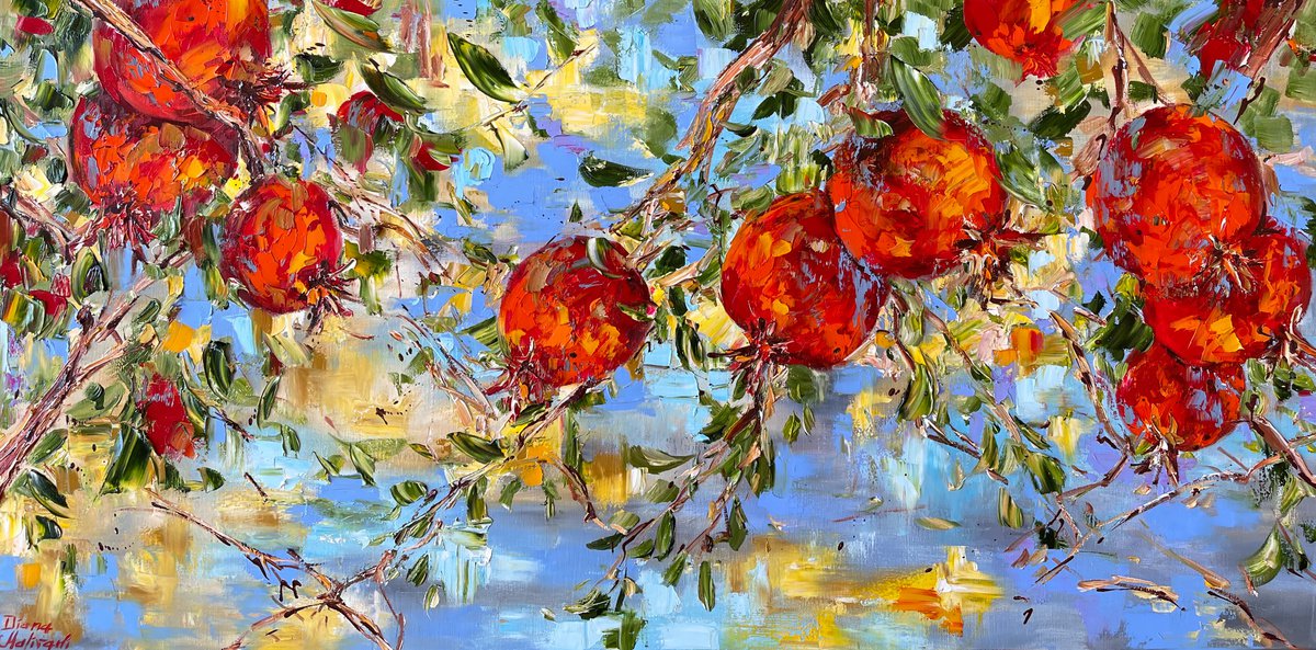 Impressionistic Botanical Oil Painting By Diana Malivani, 39 X 20, Pomegranates, Original Artwork