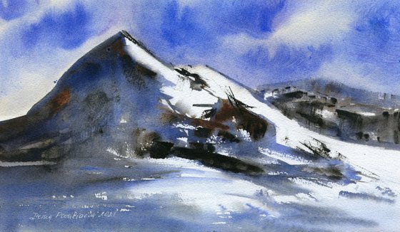 Mountain sunset  original artwork  painting ,  watercolor in blue colores, decor for living room, gift for her