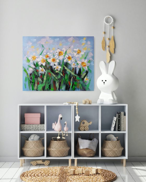 Daffodils-spring flowers, oil painting, home decor, original gift, spring still life.