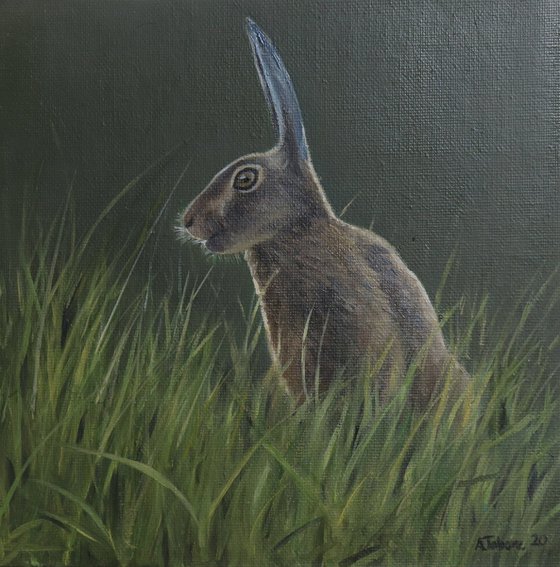 Hare Painting, Animal Artwork, Bunny, Nature Wall Decor Framed and Ready to Hang Oil Painting by Alex Jabore