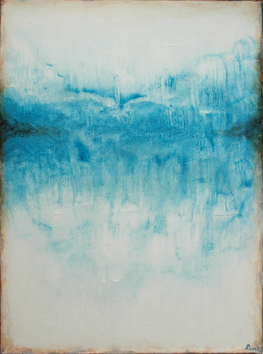 Abstract Acrylic Painting By Rumen Spasov, 20 X 28", "Distant Blue", Original Artwork