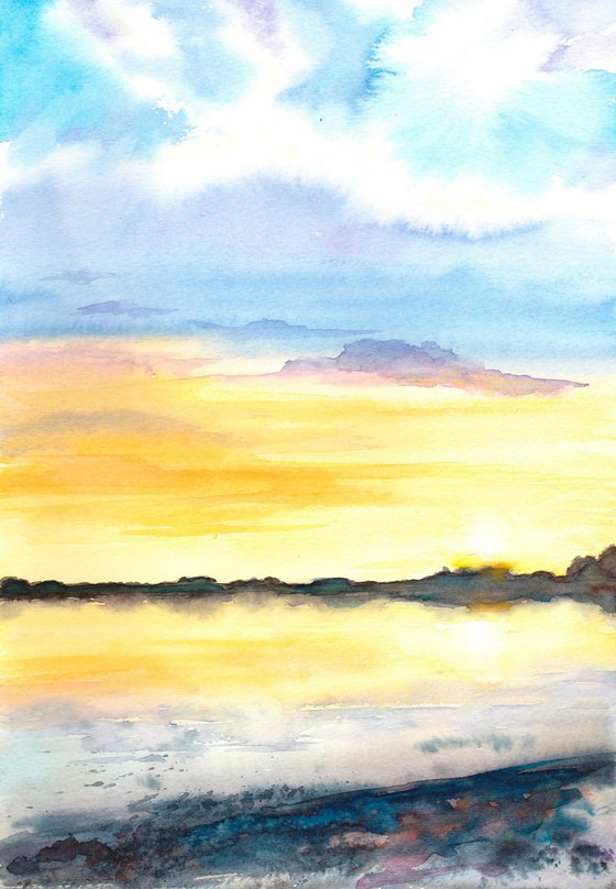 Sunset Painting, Seascape Painting, Cloudscape, A4, Original Watercolour Painting, Portrait format