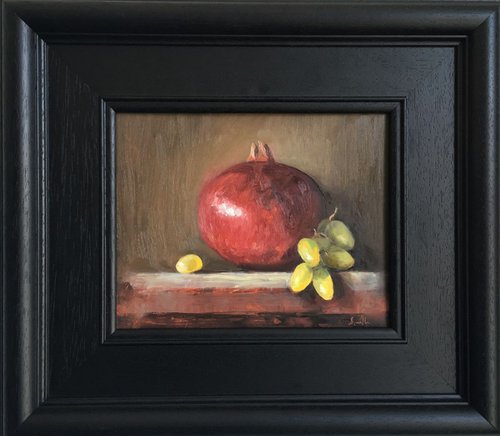 Pomegranate & Green Grapes; Classical still life oil painting. by Jackie Smith