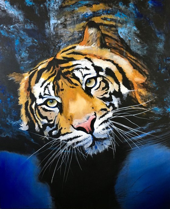 Tiger in blue water, large artwork