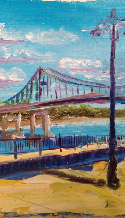 Sunny day and footbridge. pleinair painting by Dmitry Fedorov