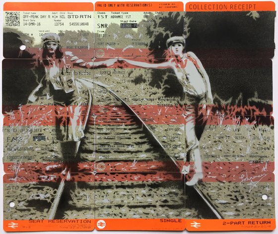 "The Girls" - Spray paint on orange British Rail / train tickets in romantic graffiti pop art style.