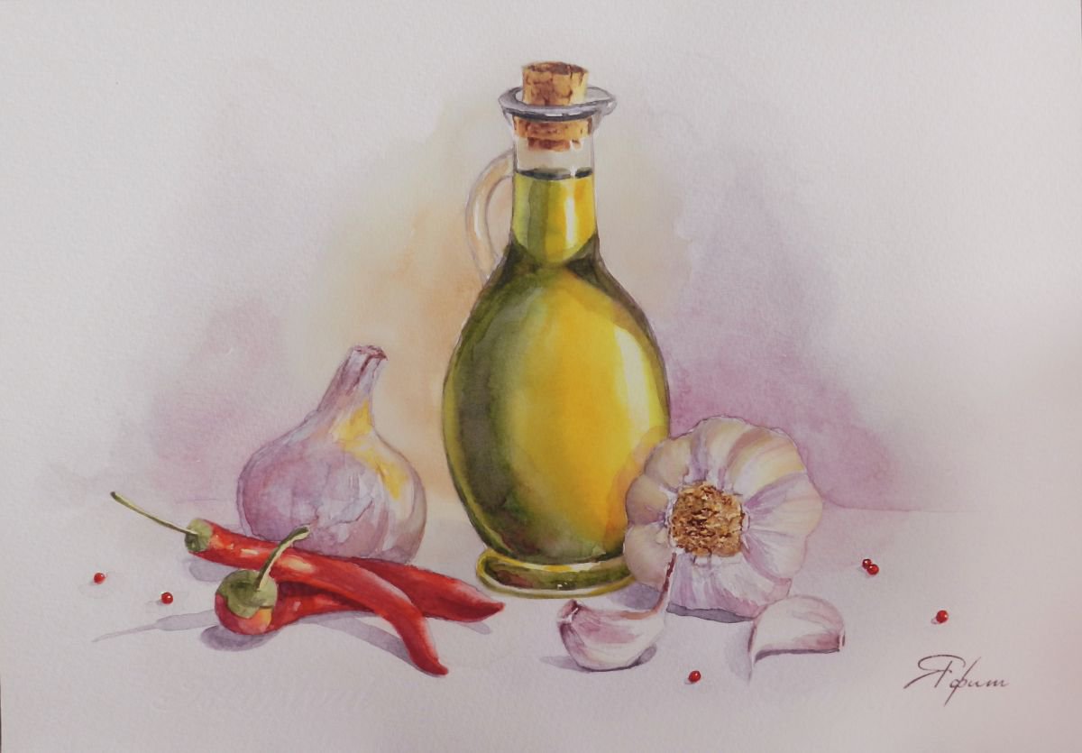 Olive oil and garlic by Yafit Moshensky