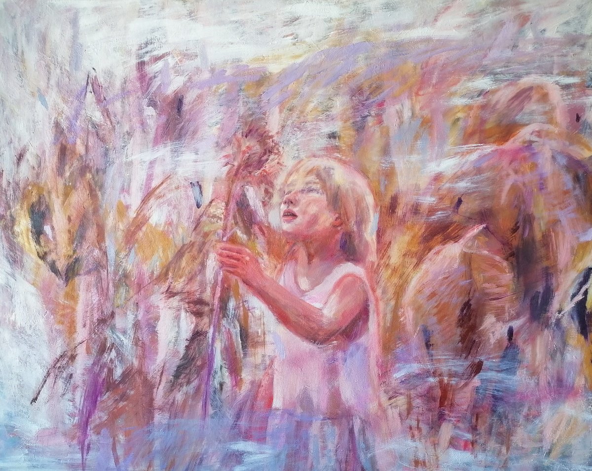 Organic Portrait Oil Painting By Zuzana Petrakova, 39 X 31", In The Sunflowers, Original Artwork