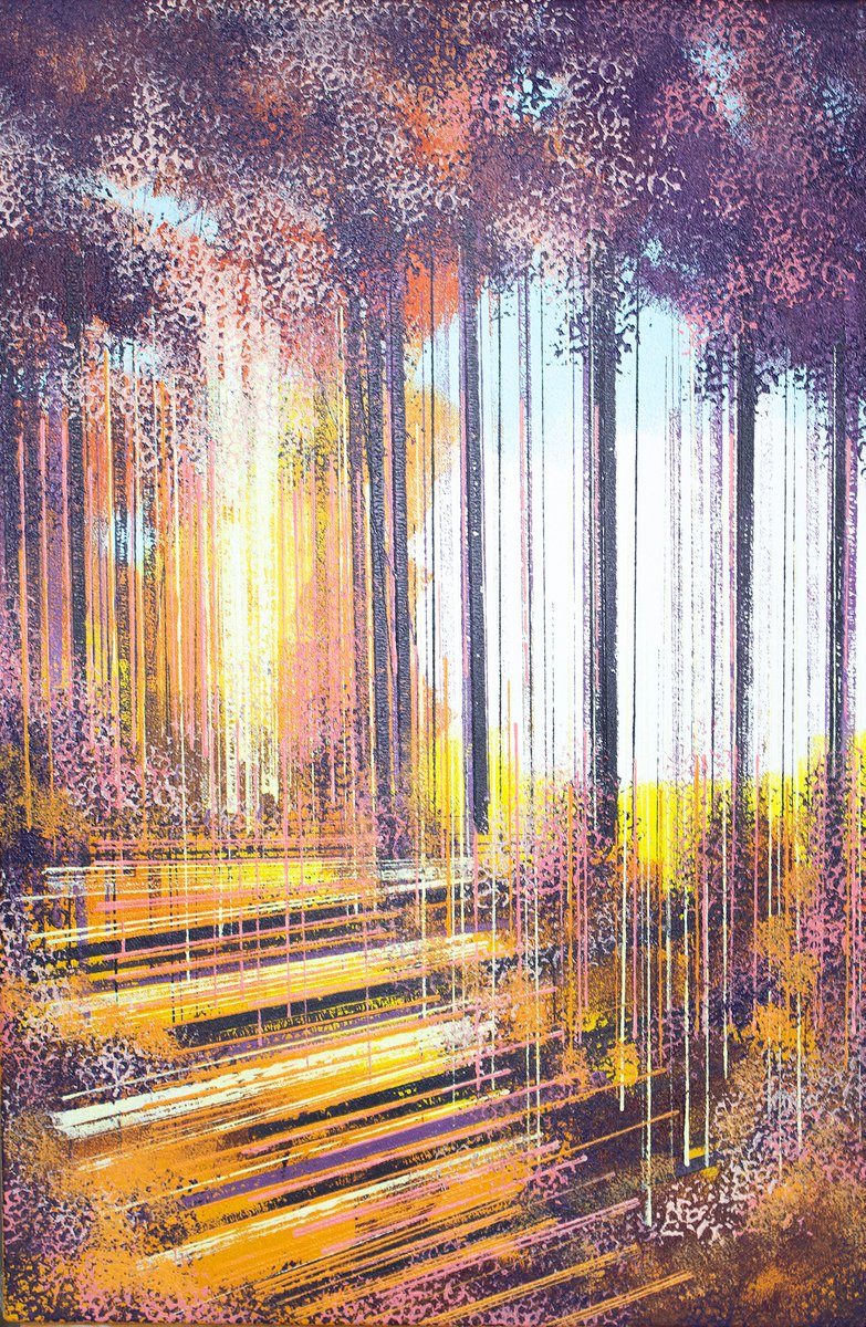 Impressionistic Landscape Acrylic Painting By Marc Todd, 20 X 30", Forest Sunset, Original Artwork