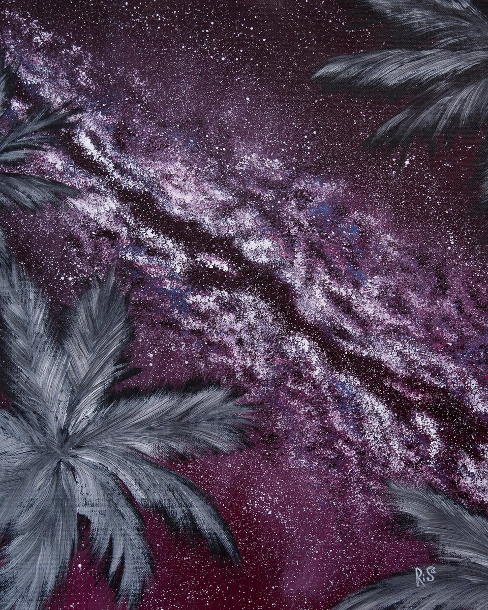 GREY PALM TREES - purple skyscape, palm branches, palm leaves, plum sky, milky way galaxy by Rimma Savina