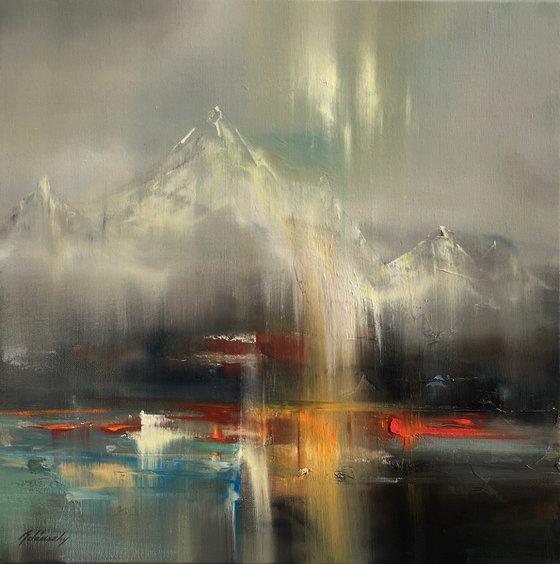 Up North - 60 x 60 cm abstract landscape oil painting in gray