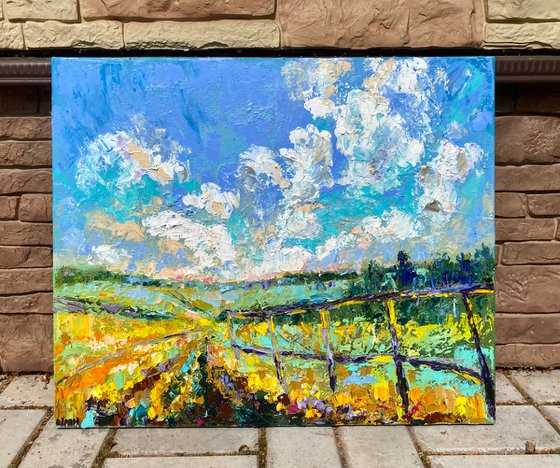 Fields - Yellow mood, 50*60 cm, impasto impressionistic landscape oil painting in yellow and blue colours