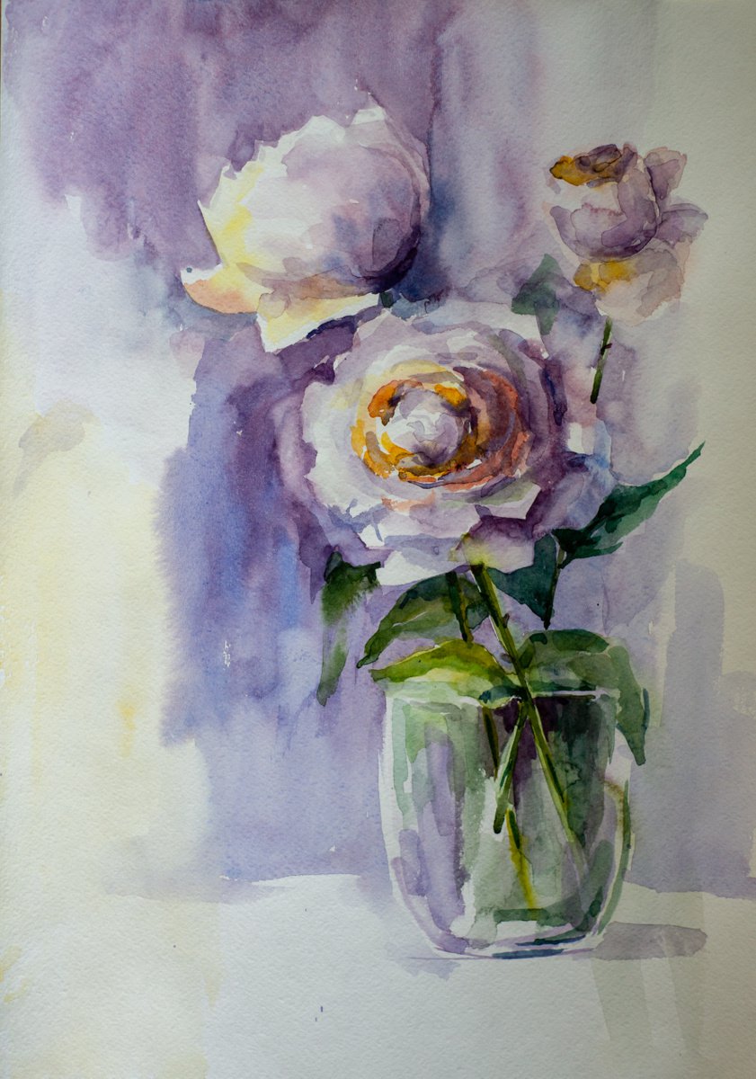Impressionistic Botanical Watercolour By Galyna Shevchencko, 12 X 17, Gentle Roses In Vase, Original Artwork