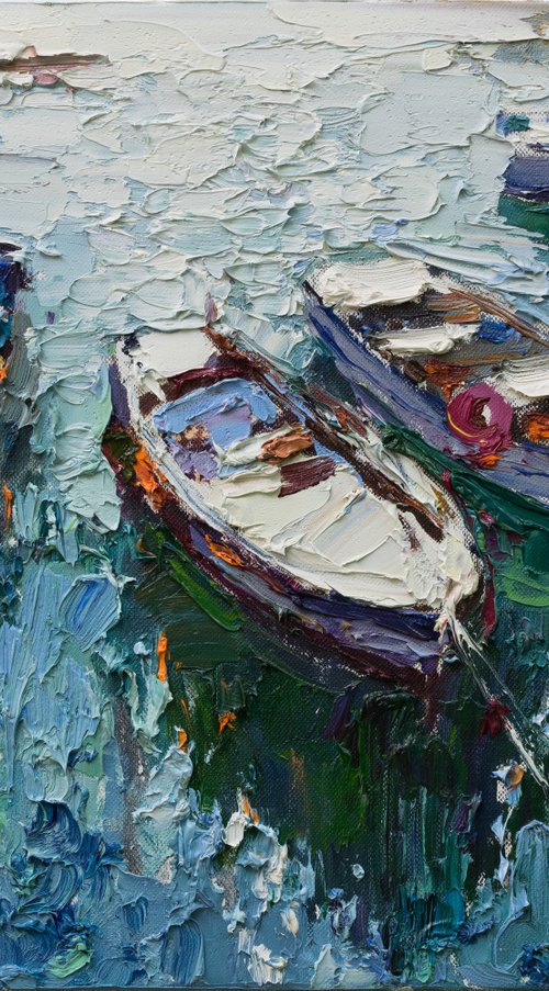 Rowing boats   - Original  impasto oil painting by Anastasiia Valiulina
