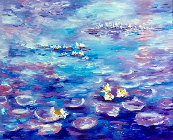 Water Lilies  (81x 66 cm ) inspired by Claude Monet  sunrise in a garden in purple, turquoise, blue sky