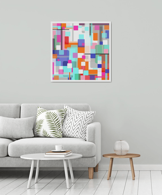 Abstraction artwork multi-colored orang yellow white pink blue black abstract