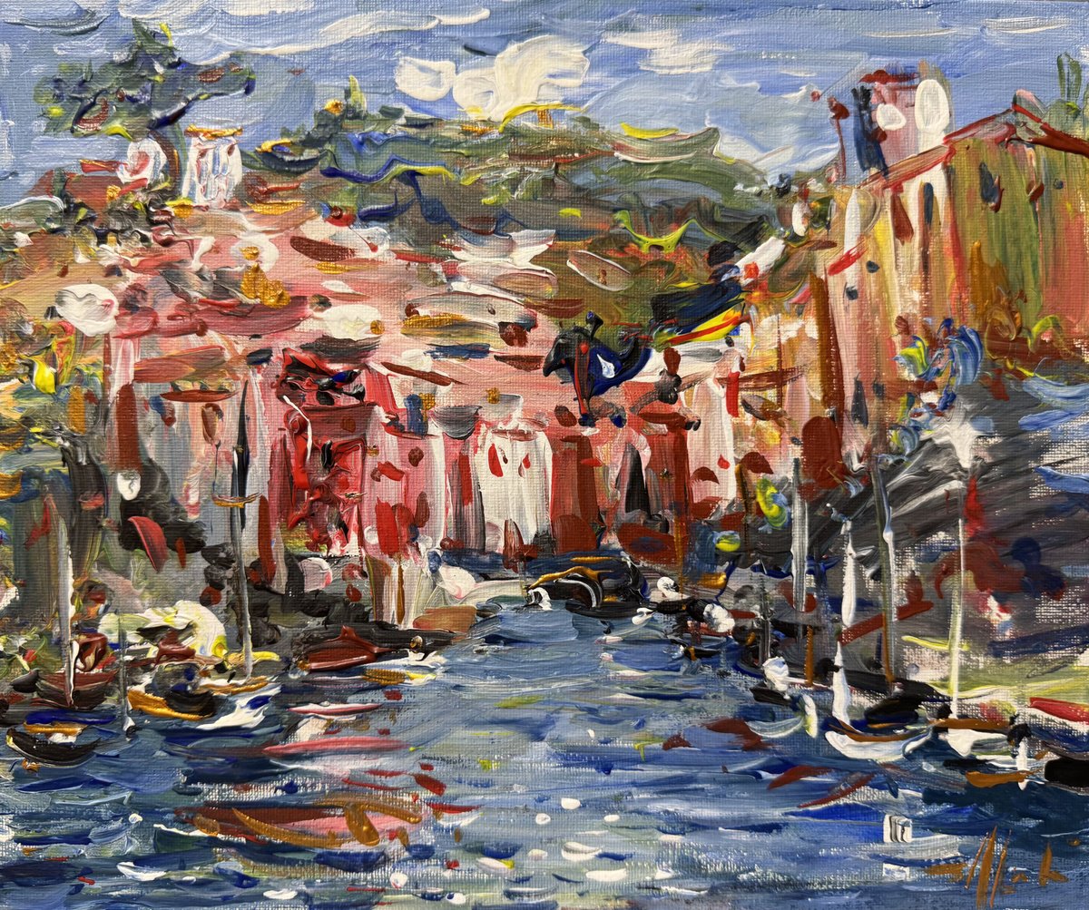Impressionistic Landscape Acrylic Painting By Altin Furxhi, 12 X 10, Riomaggiore Cinque Terre, Original Artwork