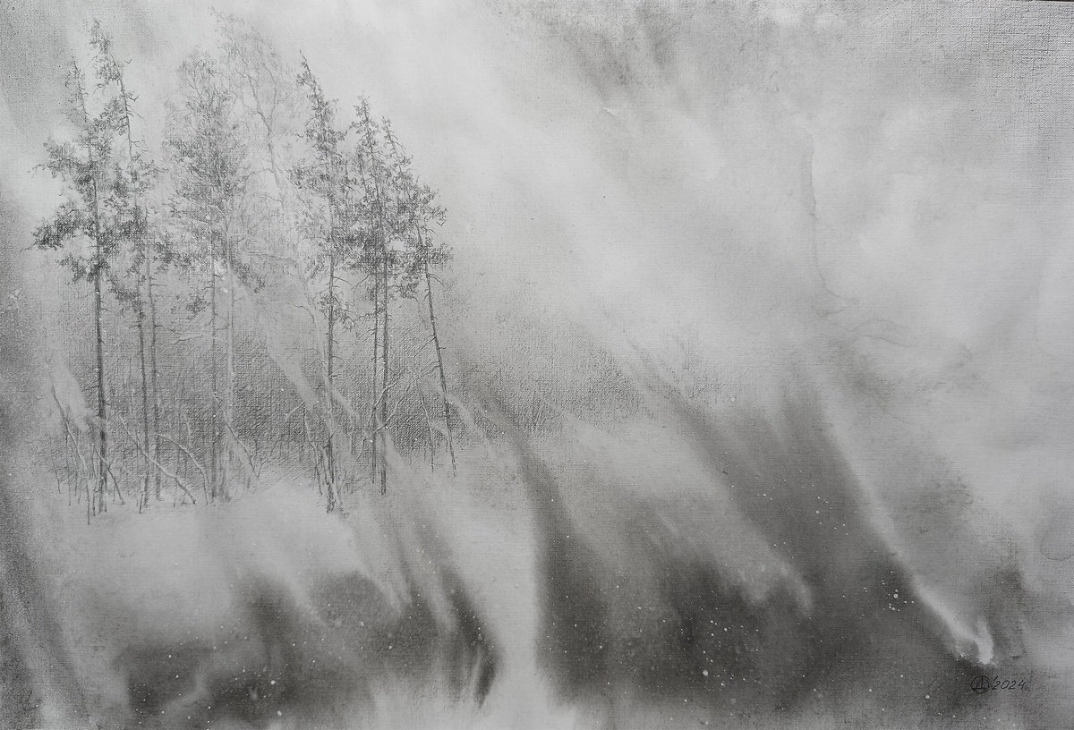 Expressive Landscape Pencil Drawing By Oksana Duchenchuk, 24 X 16", Snow Storm, Original Artwork