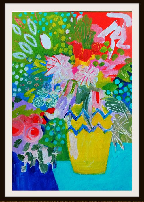 Mixed Flowers in a Yellow Vase by Jan Rippingham
