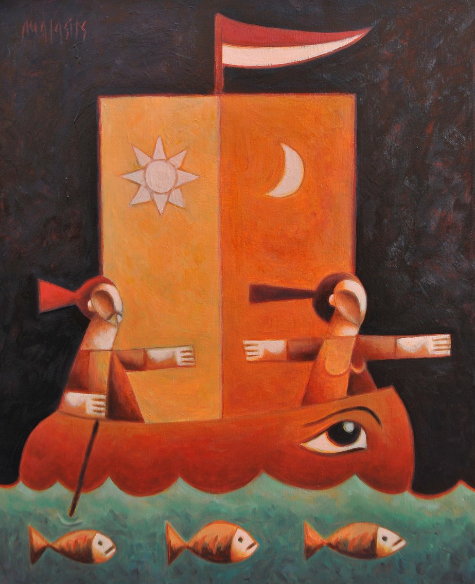 Surrealistic Portrait Oil Painting By Malasits Zsolt, 35 X 43", Ship Of Destiny, Original Artwork