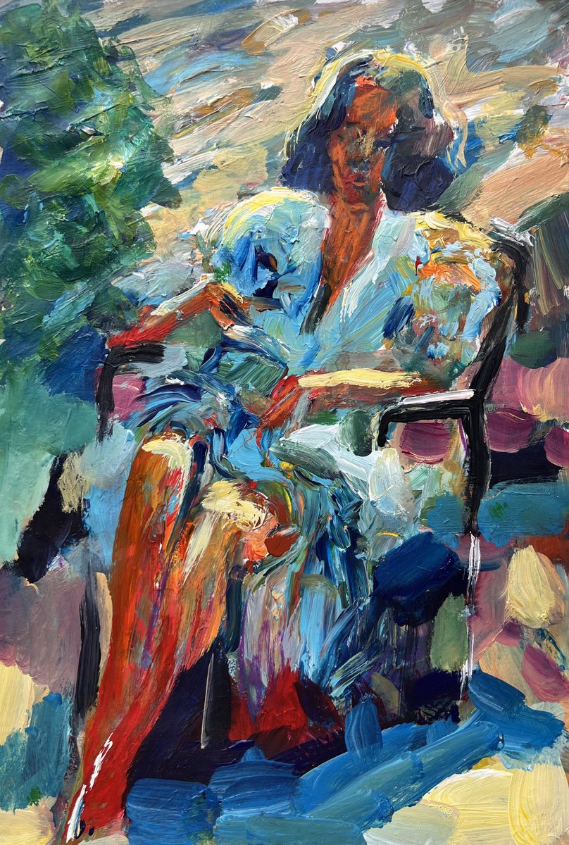 Expressive Portrait Acrylic Painting By Liubou Sas, 11 X 16", Sunbath, Original Artwork