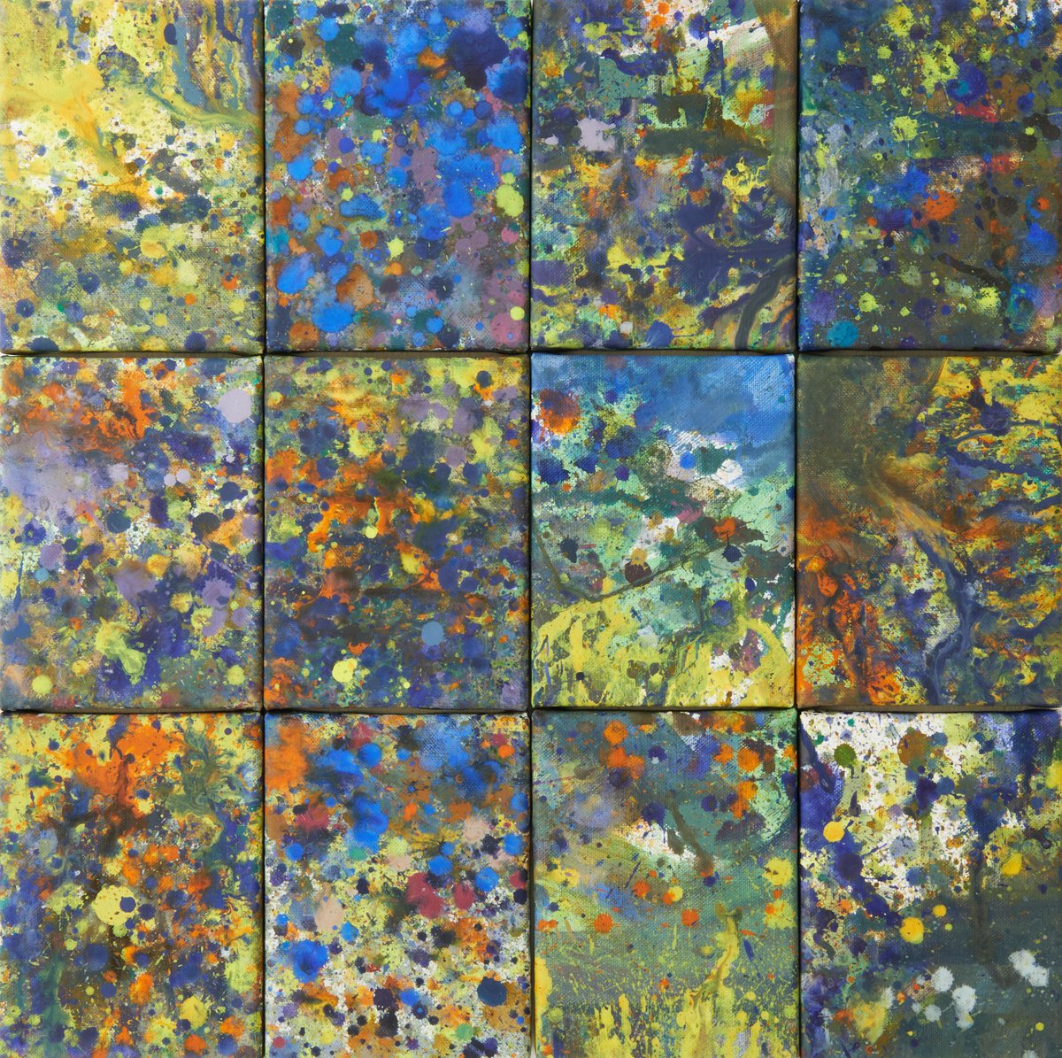 Organic Abstract Acrylic Painting By Simon Findlay, 24 X 24", Yellow Blue Orange Collection, Original Artwork