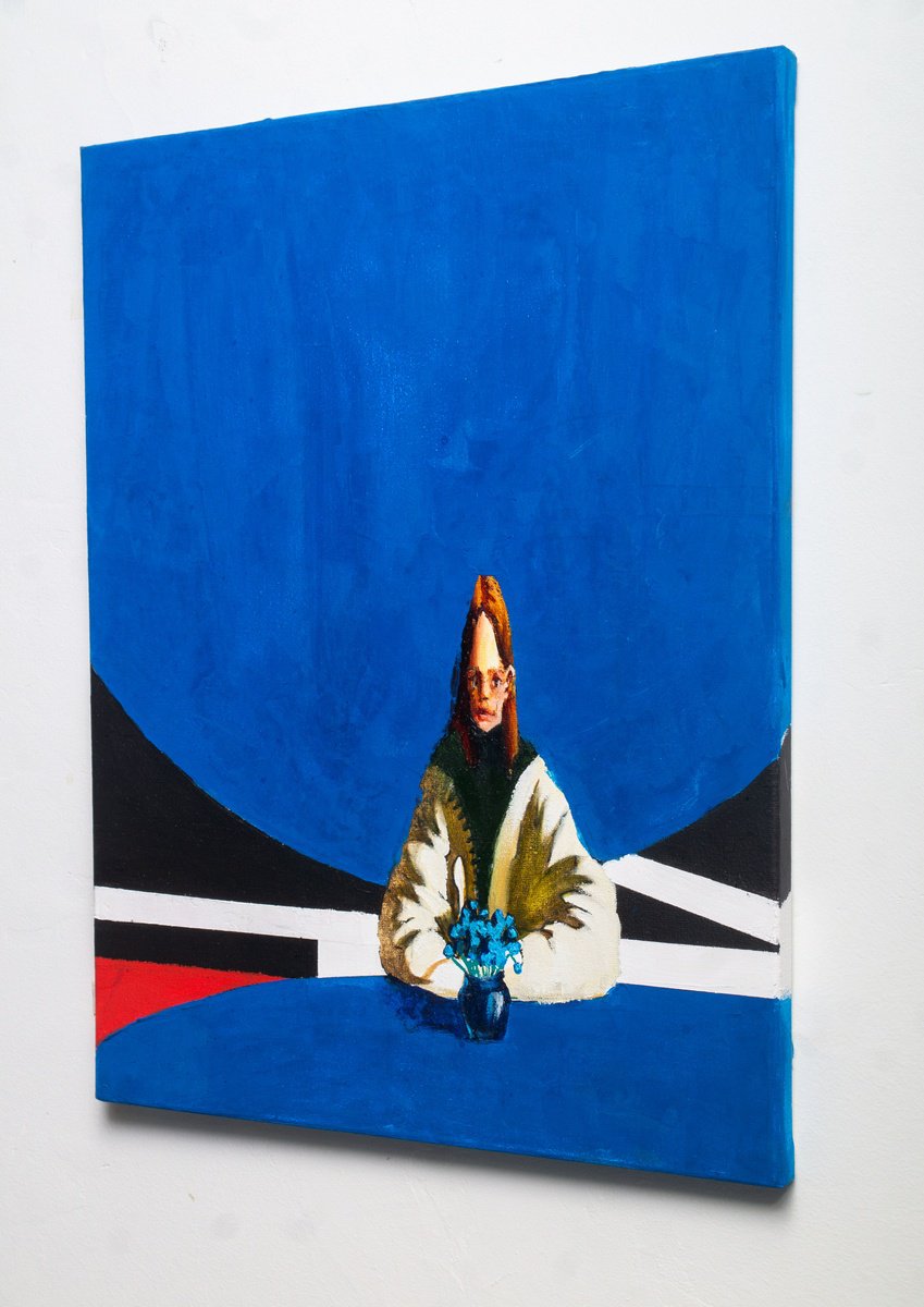 Surrealistic Portrait Oil Painting By Bohdan Katolyk, 12 X 16, Locked In Blue, Original Artwork