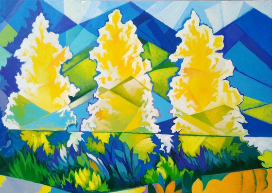 Three trees (60x80cm, cubism, oil painting, ready to hang)