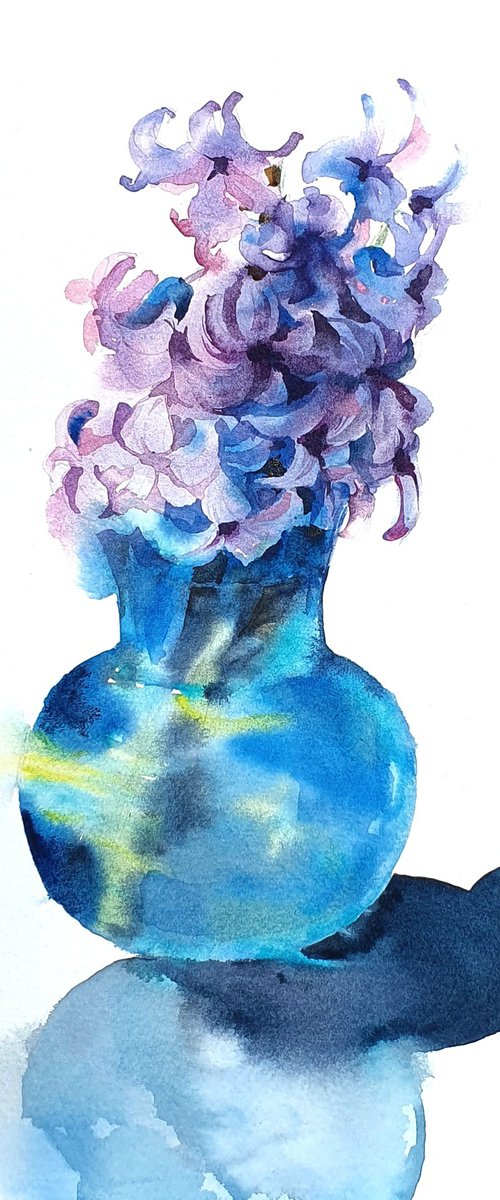 Spring Serenity: Violet Hyacinths in the azure Vase by Natasha Sokolnikova